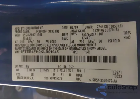 2019 Ford Ranger Xlt из США, поврежденный, VIN 1FTER4FH0KLB01945